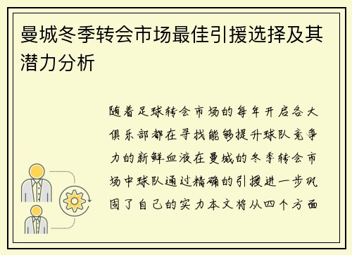 曼城冬季转会市场最佳引援选择及其潜力分析